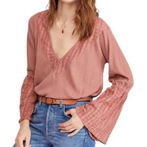 Free People Parisian Night V Neck Bell Sleeves Top
